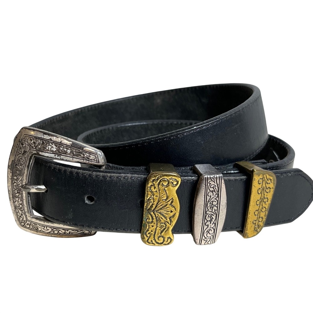 Brighton Womens Black Leather Western Belt Mixed Metal Filigree 48203 Size Lg‎